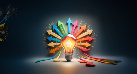 Poster - A bright light bulb shines at the center, encircled by vibrant arrows pointing inwards, representing ideas, direction, and focus.