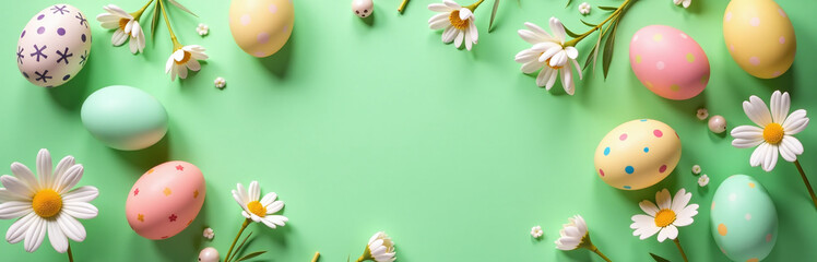 Aufkleber - Easter Table Setting Features Eggs And Floral Decor On A Vibrant Green Background In A Stylish Flat Lay Composition. 00001