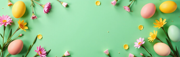Aufkleber - Easter Table Setting Features Eggs And Floral Decor On A Vibrant Green Background In A Stylish Flat Lay Composition. 00002