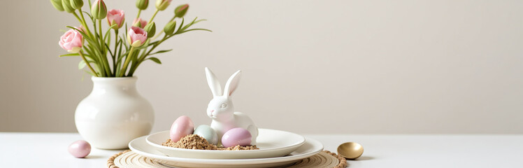 Poster - Easter Table Setting Features A Minimalist Approach With Simple Decorations And A Neutral Floral Background For A Clean Look. 00002