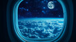 © Sahraya - View of night sky through open airplane windows. Dark blue plane wall with moon, stars and clouds outside porthole. Realistic 3d vector illustration of jet interior with glass fuselage during flight.