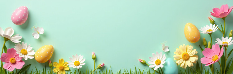 Poster - Easter Eggs Surrounded By Flowers On A Soft Pastel Green Background Create A Colorful And Inviting Holiday Card Design Template. 00002