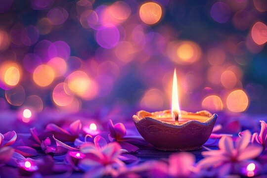 A beautiful oil lamp glowing on the background of colorful lights and bokeh, on purple flower decorated floor for Happy Diwali festival