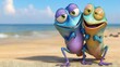 © Sonya - A pair of frogs perched on a sandy shore, with the vast ocean as their backdrop