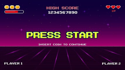 Fototapete - PRESS START. pixel art .8 bit game. retro game. for game assets .Retro Futurism Sci-Fi Background. glowing neon grid. and stars from vintage arcade computer games