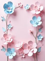Poster - Delicate Blue, Pink, And White Paper Flowers Adorn A Soft Pink Background In A Whimsical Floral Design Arrangement. 00001