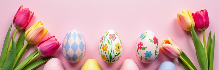 Aufkleber - Decorated Eggs Are Placed On A Pink Paper Background Featuring Tulips In A Colorful Easter Scene Design. 00002
