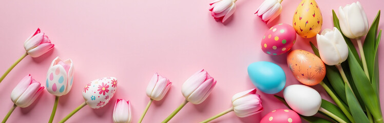 Aufkleber - Decorated Eggs Are Placed On A Pink Paper Background Featuring Tulips In A Colorful Easter Scene Design. 00001