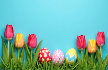 Wall Mural - Colorful Tulips And Easter Eggs Adorn A Bright Blue Background In This Vibrant Springtime Scene. 00002