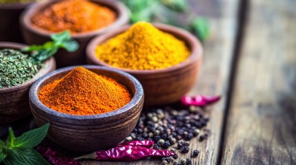 Aufkleber - Vibrant spices arranged in wooden bowls on a rustic table during bright daylight. Generative AI