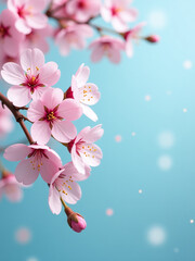 Poster - Colorful Sakura Blossoms On A Light Blue Background With Bokeh And A Banner Wishing A Happy Easter From Above. 00002
