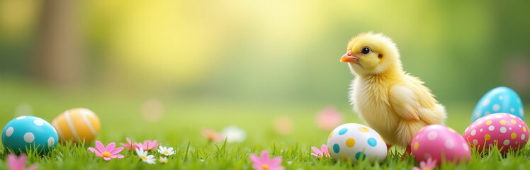 Poster - Colorful Easter Scene With Happy Chick And Decorated Eggs In A Vibrant Easter Background On A Spring Day Outside. 00002
