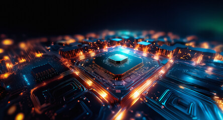 Poster - Illuminated circuit board with a central chip glows in vibrant blue and orange hues, symbolizing technology, connectivity, and futuristic innovation.