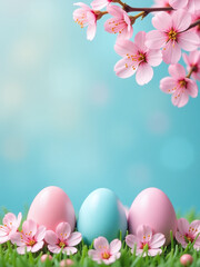 Poster - Colorful Easter Eggs Sit Among Delicate Pink Cherry Blossoms Against A Soft Light Blue Backdrop In A Festive Holiday Scene. 00001
