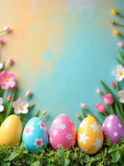 Poster - Colorful Easter Eggs Are Nestled In A Happy, Vibrant Decorative Background, Creating A Cheerful Springtime Atmosphere Overall Perfectly. 00001