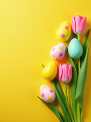 Aufkleber - Colorful Easter Eggs And Pink Tulips Sit On A Bright Yellow Background In This Stylish Flat Lay Design. 00002