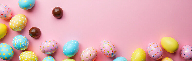Aufkleber - Colorful Easter Eggs And Chocolate Lie Flat In A Modern Composition Against A Bright Pink Background With Simple Greeting Cards Nearby. 00001