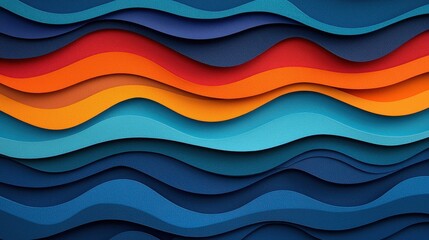 Poster - Colorful waves of layered paper create a vibrant, dynamic abstract design, blending hues of blue, orange, and red in a harmonious visual display.