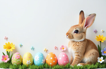 Aufkleber - Colorful Easter Design Features Cute Bunny Surrounded By Easter Eggs And Flowers On A Top View Flat Lay Background With Copy Space. 00001