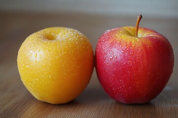 Aufkleber - Fresh yellow and red apples with water droplets on wooden surface in natural lighting. Generative AI