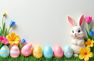 Aufkleber - Colorful Easter Design Features Cute Bunny Surrounded By Easter Eggs And Flowers On A Top View Flat Lay Background With Copy Space. 00002