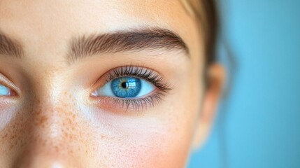 Aufkleber - Illuminated by gentle light, a young woman with striking blue eyes gazes thoughtfully. Her freckles and smooth skin contrast beautifully with the serene backdrop, evoking a sense of calm