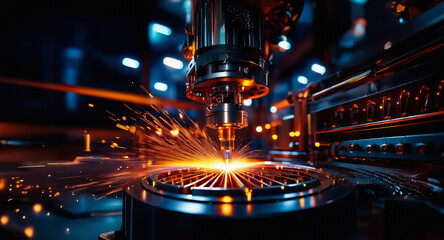 Poster - Automated industrial machinery precisely cutting metal with bright sparks in a dark manufacturing environment, illuminated by blue lights.