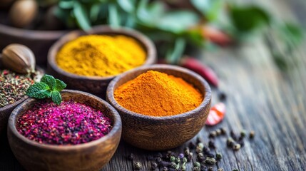 Aufkleber - Vibrant spices arranged in wooden bowls with fresh herbs on a rustic wooden table during daylight. Generative AI