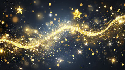 Poster - Golden stars and glittering wave on dark background create festive atmosphere