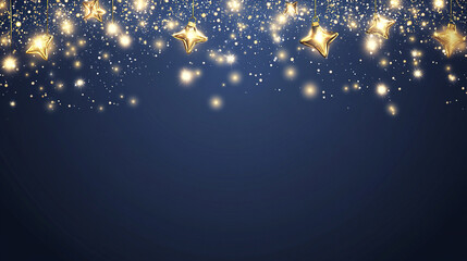 Poster - Golden stars and sparkling lights on dark blue background create festive atmosphere