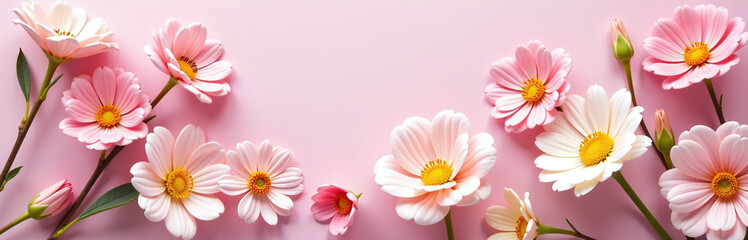 Poster - Beautiful Floral Arrangement Against A Soft Pink Background Is Showcased In This Visually Appealing Overhead Perspective Image. 00001