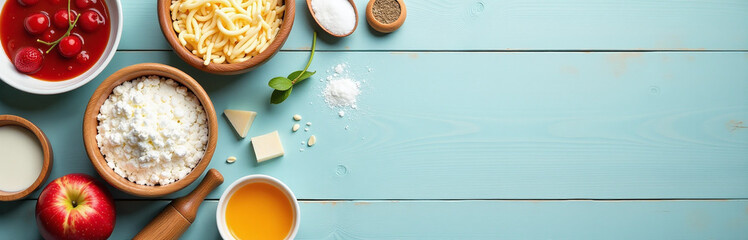 Poster - Bake Ingredients Arranged On A Kitchen Table With A Pastel Background And Copy Space For Website Design. 00002
