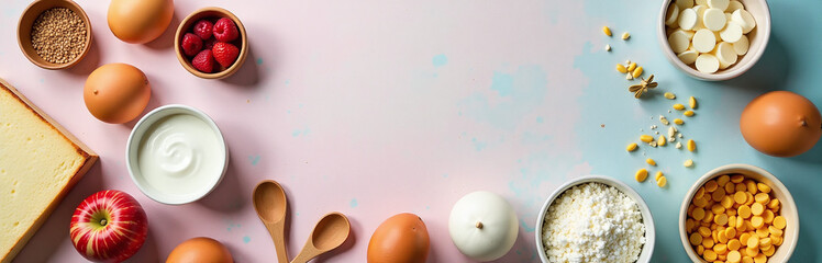 Poster - Bake Ingredients Arranged On A Kitchen Table With A Pastel Background And Copy Space For Website Design. 00001