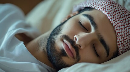 Poster - A young Arab man is resting peacefully in a softly lit room, his face serene as he enjoys a moment of tranquility. The gentle atmosphere enhances his calmness
