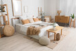 © Pixel-Shot - Interior of cozy bedroom with big bed, wooden bench and ladder