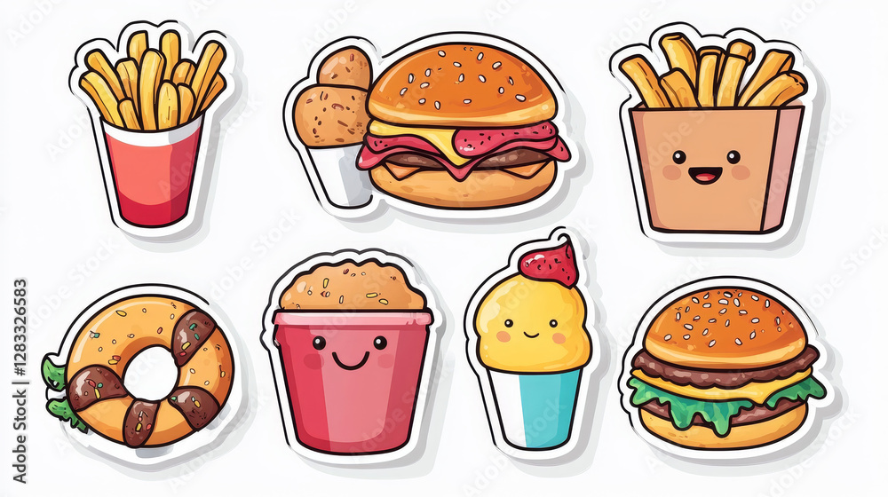 Fast food retro stickers, cute vintage labels. Funny characters of pizza, burger, french fries, hot dog, donut, croissant, ice cream, cola and cake, vector cartoon set in y2k style