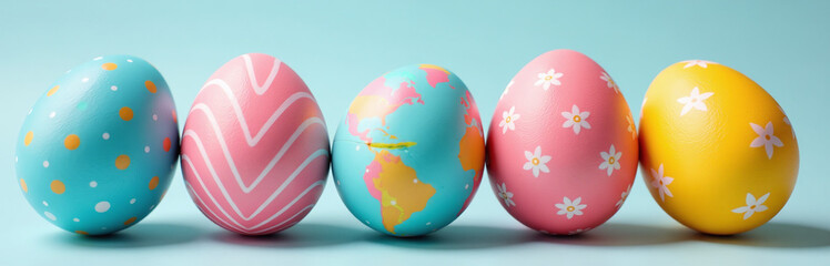 Poster - A Vibrant Display Of Colorfully Decorated Easter Eggs In A Single Row Adds Festive Charm To Any Table Setting Easily. 00001