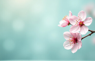 Poster - A Subtle Teal Background Features Soft Pinkish Cherry Blossoms In A Simple Yet Elegant Design. 00002
