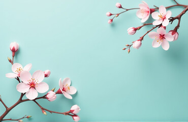Poster - A Subtle Teal Background Features Soft Pinkish Cherry Blossoms In A Simple Yet Elegant Design. 00001