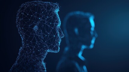 Poster - A futuristic depiction of two human figures created from interconnected lines and nodes, showcasing a blend of technology and anatomy.
