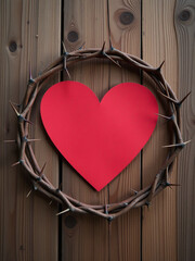 Poster - A Simple Red Paper Heart Is Placed Upon A Wooden Background Adorned With A Thorny Crown. 00001