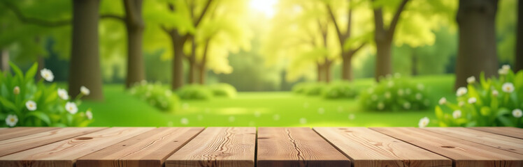 Aufkleber - A Serene Spring Setting Features An Empty Wooden Table In The Foreground Of A Lush Green Landscape. 00002
