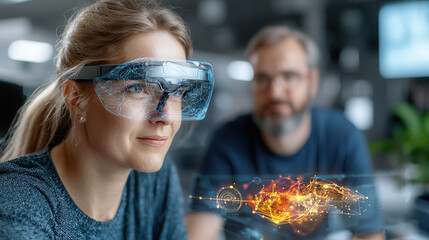Poster - woman wearing augmented reality glasses focuses on digital hologram in modern office, symbolizing futuristic business innovation and technology