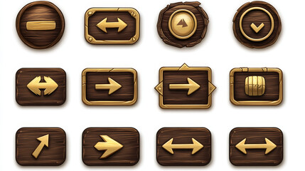 Poster - Wooden and gold buttons for ui game, gui elements isolated on white background. Vector cartoon kit of brown banners, golden menu buttons in wood frame, arrows and progress bar for mobile game