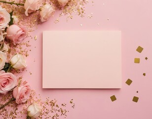 Wall Mural - Delicate pink roses with a blank card amidst golden confetti on a soft pink background.