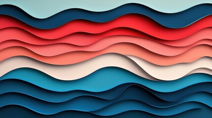 Poster - A vibrant, layered design featuring wavy patterns in red, blue, and cream, creating an abstract representation of ocean waves.