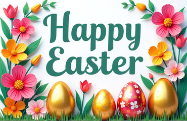 Poster - A Colorful Happy Easter Banner Displays Vibrant Spring Flowers And Intricately Painted Golden Easter Eggs In A Joyful Display. 00001