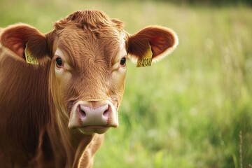 Aufkleber - Young brown cow stands in a grassy field during daylight in a rural location with soft sunlight illuminating its features. Generative AI