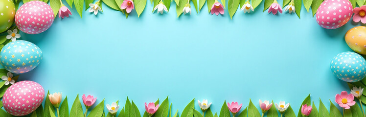 Poster - A Colorful Easter Egg Design Is Created With A Vibrant Border On A Soft Pastel Blue Paper Background For Decoration Purposes Freely. 00002