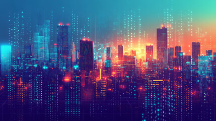 Poster - Abstract tech city skyline composed of digital pixels and squares in deep blue gradient shades. Metropolitan silhouette with skyscrapers and modern buildings for technology presentation background.